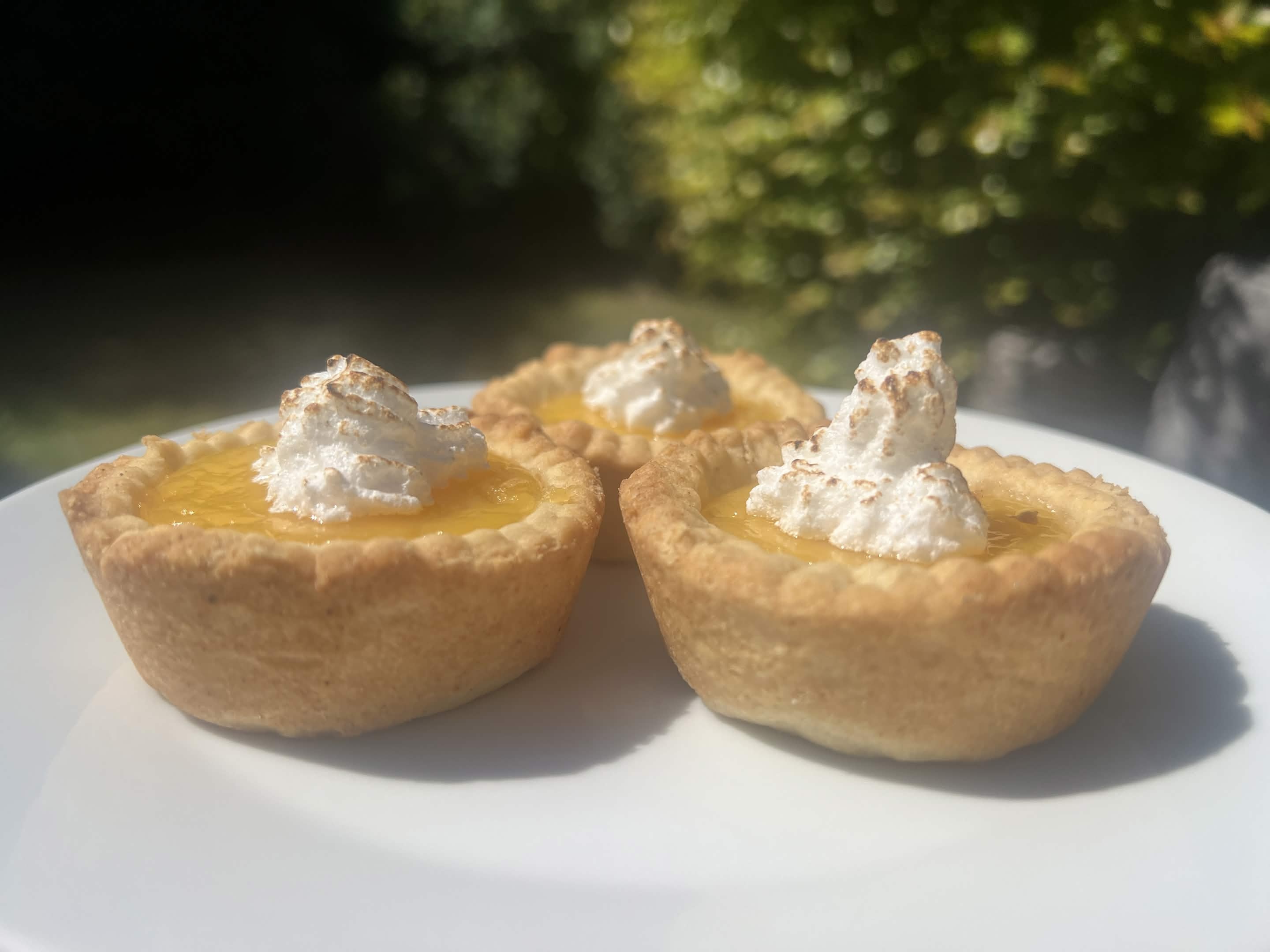 Two lemon curd tartlets topped with lightly torched meringue